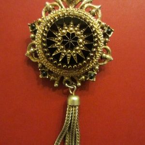 Denise Mid Century Black Onyx Golden Brooch Tassel Motif Pendant